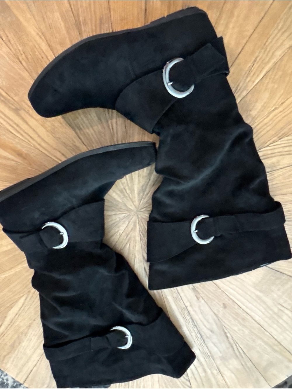 Women’s Black Suede Mid-Calf Winter Boots with Silver Buckle Detail